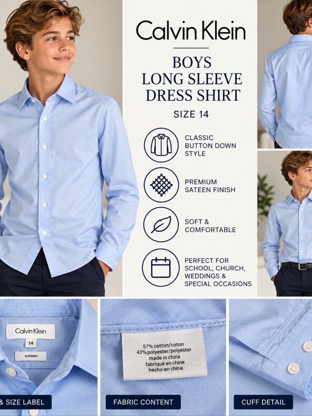 Calvin Klein Boys Blue Long Sleeve Button Down Dress Shirt Size